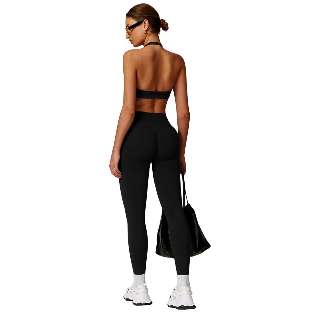 JN JANPRINT Nahtlose Fitness-Sets für Damen, 2-teilig, Neckholder, rückenfrei, Sport-BHs, versteckte Scrunch-Leggings, Yoga-Outfits, Workout-Trainingsanzug
