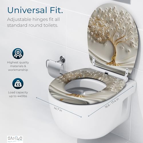 Image of Sanilo Wooden Toilet Seat with Quick Release & Soft Close [ROUND] - Decorative & Slow Close Molded Wood Seat - With One Click for Easy Installation & Cleaning - With Adjustable Fit (Tree of Life)
