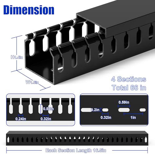 Image of 1.4 inchH x 1.6 inchW Cable Raceway, 66in Under Desk Wire Management Channel, Black | Slotted Wire Duct, 4Pack, 16.5in Each, Heavy-Duty PVC Cable Management for Server Racks, Network Cables & Electrical Cabinets