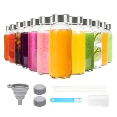 Luxfuel Glass Juice Bottles with Lid 12 oz, 12 Pack Reusable Glass Water Bottles with Stainless Steel Cap & Straws, BPA Free, Leak Proof Juice Bottle Containers for Juicing, Smoothies & Frid