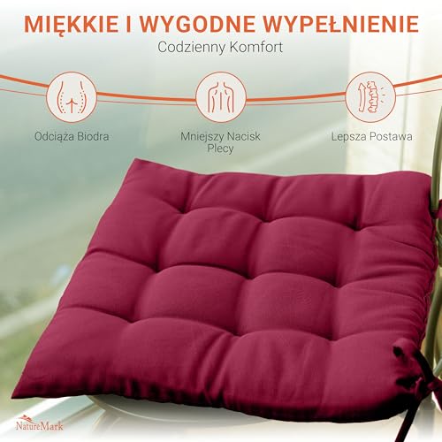 NatureMark Zestaw 4 Poduszek na Krzesła z Tasiemkami 40x40 cm – Poduszka do Siedzenia Wypełniona – Do Kuchni i Ogrodu – Kolor Bordowa czerwień
