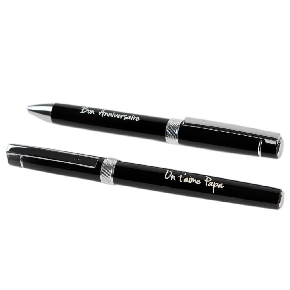 Coffret 2 Stylos Noirs Personnalisables - Gravure Texte - Stylo Bille Et Roller - Cadeau Élégant