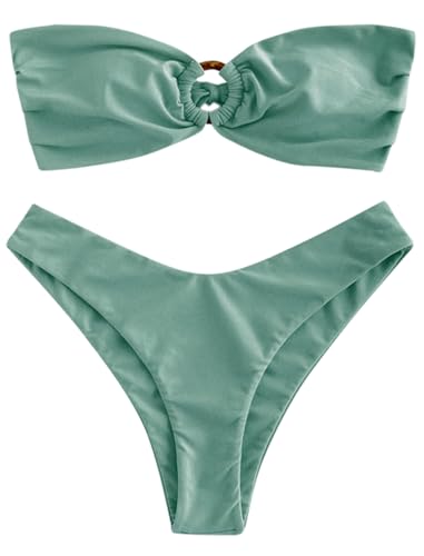 Image of ZAFUL Women's Bandeau Bikini O Ring Strapless Tie Back High Cut Two Piece Swimsuit Bathing Suits