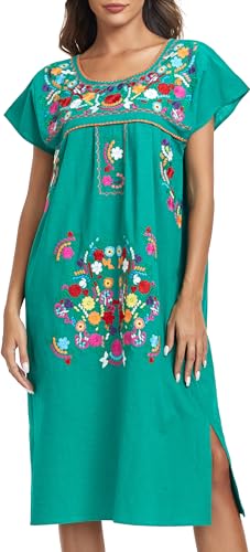 Image of YZXDORWJ Women Mexican Embroidered Long Dress Ruffle Collar Maxi Boho Floral Summer Short Sleeve