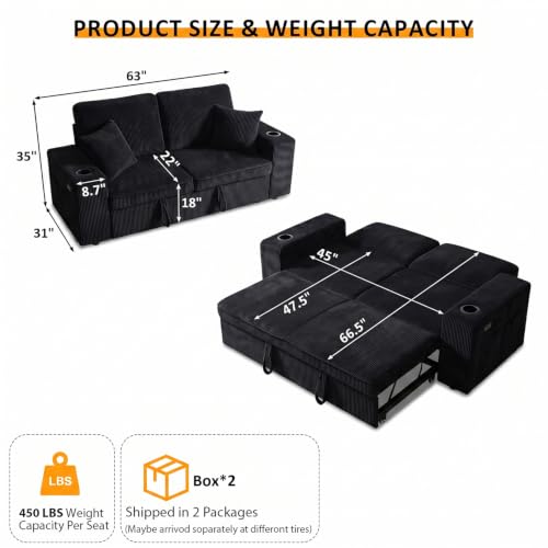 Image of 63 Inch Sleeper Sofa Bed, 3 in 1 Pull Out Couch Bed with Reclining Backrest, Small Loveseat with Wide Armrest | USB Charging | Side Pockets | Cup Holders | Tool Free Assembly, Corduroy Black