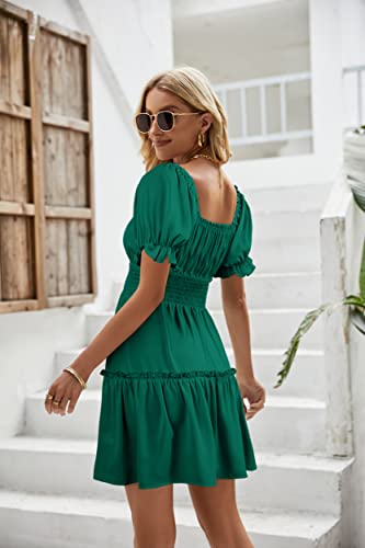 Image of Womens Babydoll Mini Dress Casual Square Neck Short Sleeve Summer Dresses | Empire Waist, Smocked, Flowy, Short Beach Dress, Vacation, Floral, Boho