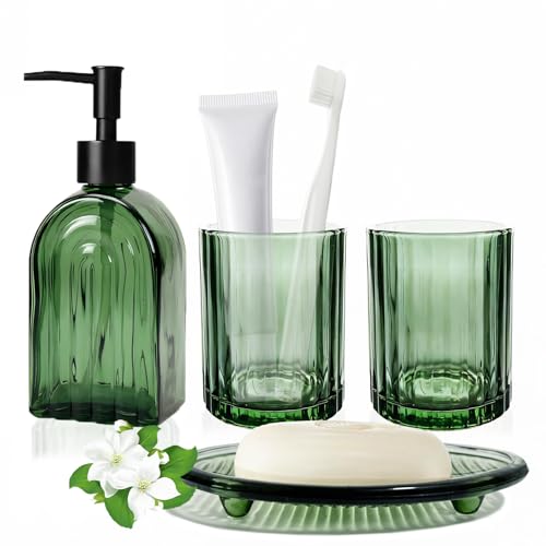 Conjunto de Accesorios de Baño de Vidrio Verde, 4 Piezas, con Rayas Anchas