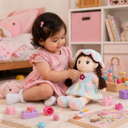 Image of Soft Hat Doll for Kids 42 cm | Cute Plush Rag Doll with Cap & Braided Hair | Washable Stuffed Soft Toy for Girls & Boys | Birthday Gift | Multicolor