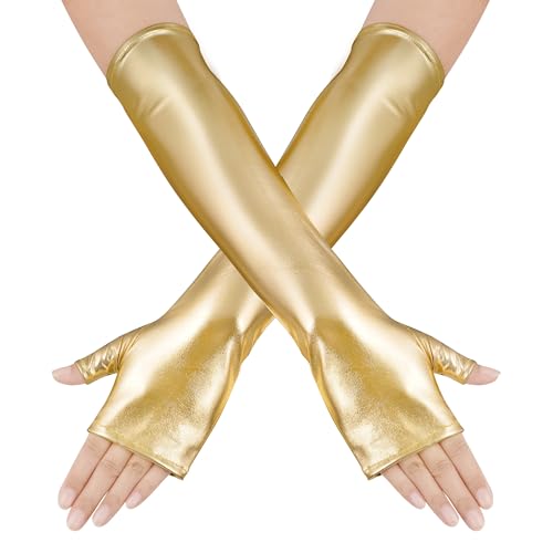 obmwang Long Shiny Metallic Fingerless Gloves Halloween Party Costume Gloves for Women and Girls, Gold