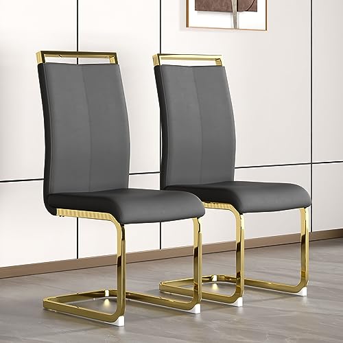 Image of Baysitone Modern Dining Chairs Set of 2, Side & Kitchen Chairs with Gold Frame, Faux Leather Padded Seat High Back, for Dining, Kitchen & Living Room - Dark Grey