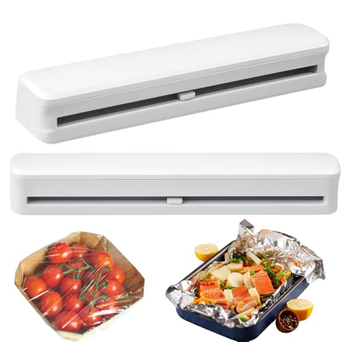 Suporte Dispenser para Plástico Filme e Papel Alumínio de Parede e Bancada – Cortador Embutido, Recarregável, Filme Stretch para Cozinha, Selador de Alimentos, Organizador Compacto Moderno Branco