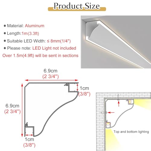 Moulures éclairage indirect LED pour plafond et mur, lot de 3 profilés aluminium avec diffuseur - 7