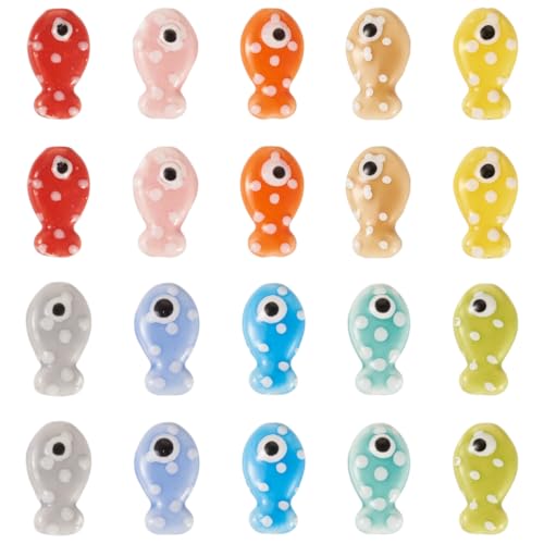 FASHEWELRY 20 cuentas de porcelana de peces, hechas a mano, cuentas de cerámica de animales de peces, cuentas espaciadoras sueltas coloridas para manualidades, pulseras, llaveros, joyería,