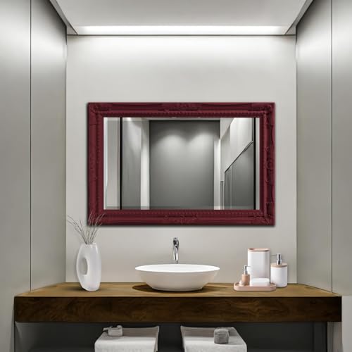 Image of Howard Elliott Collection Queen Ann Rectangular Glossy Burgundy Wall Mirror, Rectangle Hanging Wood Framed Vanity Mirrors for Home Decor, Living Room, Bathroom, Bedroom, or Hallway, 24 x 36 Inch