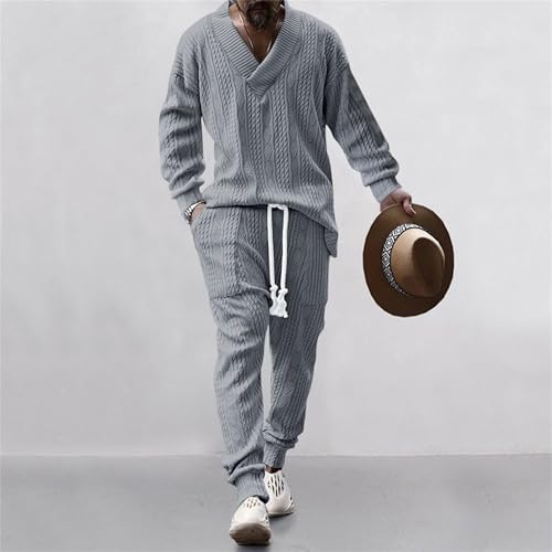 Men's 2 Piece Sweater Set Loose Outfits Long Sleeve V Neck Knitted Shirts Pants Sets Casual Jogger Track Suit4