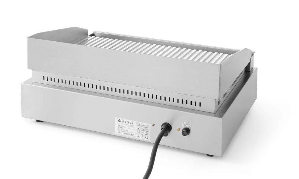 HENDI Plancha de asar eléctrica acanalada, grill parrilla con bandeja de goteo extraíble, temperatura regulable hasta 300°C, 230V, 2400W, 550x380x(H)240mm, acero inoxidable