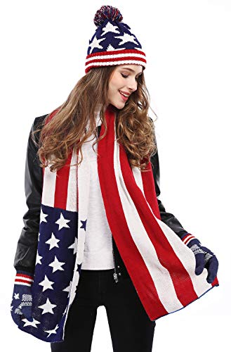 Women's Lady's USA American Flag Star Print Knitted Hat Beanie and Scarf Set, Adult 3 Pieces Set Red Navy