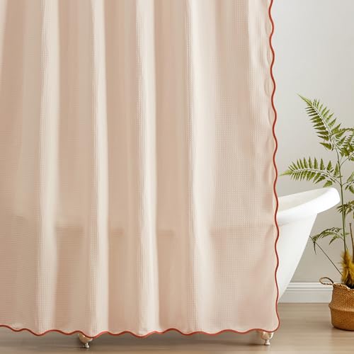 MONDAY MOOSE Scalloped Waffle Weave Shower Curtain with Rustproof Metal Grommet Holes for Bathroom Machine Washable Hooks Included (72x72 inch Rust/Light Peach)