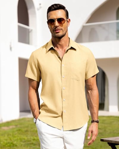 Image of Alimens & Gentle Mens Linen Shirts Short Sleeve Button Down Shirts Wrinkle Free Casual Vacation Beach Summer Tops