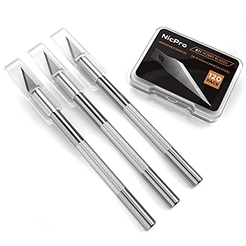 Nicpro 123 PCS Hobby Knife Set, 3 PCS Carving Craft Knife with 120 PCS SK-5 Utility #11 Art Blades Refill, Precision Cutter Craft Kit for Leather Art, Scrapbooking, Foam, Clay, Carving, Scalpel - Thumbnail 2