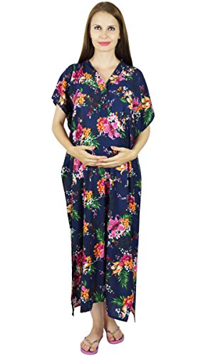 Bimba Maternity Kaftan With Belt Rayon Nursing Night Gown, Front & Back Buttons Blue #TOP6
