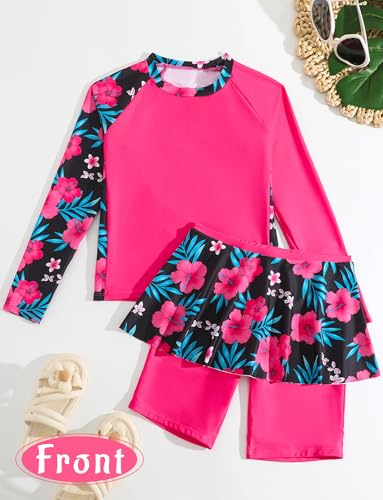 Image of Girls Rash Guard 2 Pieces Bathing Suit Long Sleeve Swimsuit Swimming Skirt with Shorts Sun Protection Swimwear