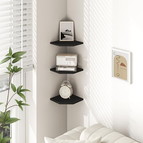 Image of Fun Memories Corner Shelf Wall Mount, Floating Corner Shelves, Set of 6 Corner Wall Shelf Organizer, Rustic Wood Wall Storage Display Shelves for Living Room Bedroom Bathroom Kitchen, Classic Black