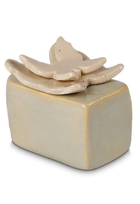 Petite urne funéraire en céramique Papillon beige pour deuil et recueillement