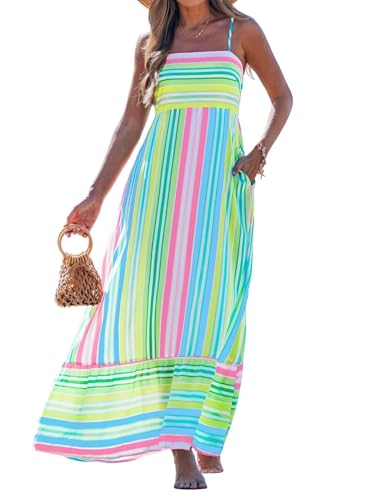 popvil Women Summer Maxi Dress 2026 Spaghetti Strap Long Beach Dress A-Line Flowy Casual Sleeveless Striped Vacation Sun Dress(Rainbow Blue Medium)