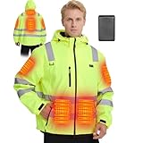 Chaqueta de alta visibilidad calentada 4 en 1 para hombre, Chaqueta Softshell con batería de 16000 mAh, reflectante, Impermeable y a prueba de viento, con 6 zonas de calefacción y capucha desmontable