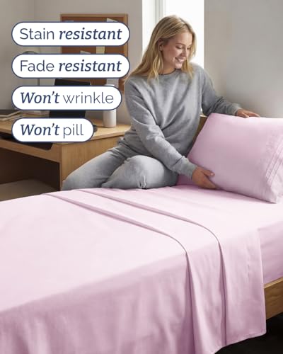Image of Twin XL 4 Piece Sheet Set - College Dorm Room Essentials - Light Pink | Ultra Soft Dorm Bedding Set, 8 inch to 16 inch Inch Deep Pockets, 1 Flat & 1 Fitted Sheet & 2 Pillowcases, Wrinkle & Fade Free