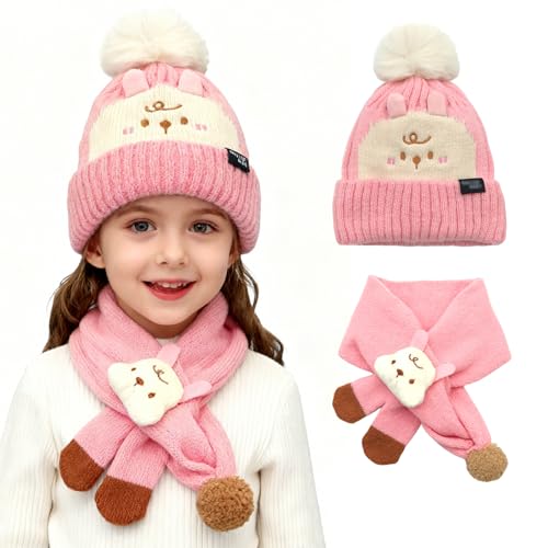 FOSDICK Gorro y Bufanda de Hilo Tejer para Niña 1 8 Años, Conjunto Invierno con Diseño Conejo Rosa, Set 2 en 1 Accesorios Bebé Calido Suave Prendas Infantiles