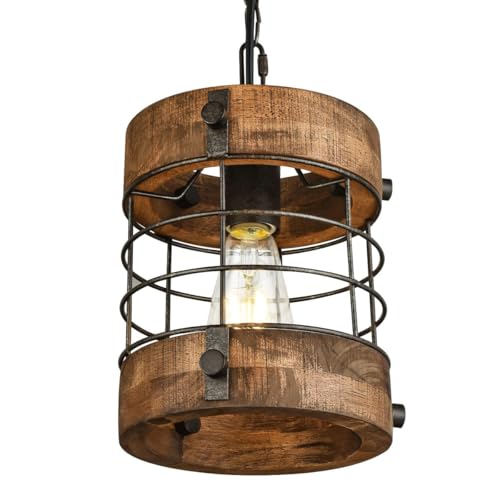 JISHUBO Creative Cylindrical-shaped Wooden Metal Pendant Lamp,Retro Industrial Style Chandelier,E26 Light Source Hanging Light,Living Room Restaurant Cafe Decorative Lighting Fixtures