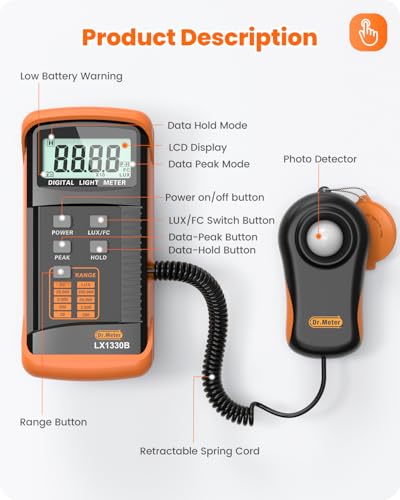Dr.meter LX1330B Digital Luxmeter, 0-200.000 Messbereich Luxmeter mit 360° Drehbarem Sensor Beleuchtungsintensität Helligkeitsmessung für Innen und Außen, Lichtmessgeräte für Pflanzen