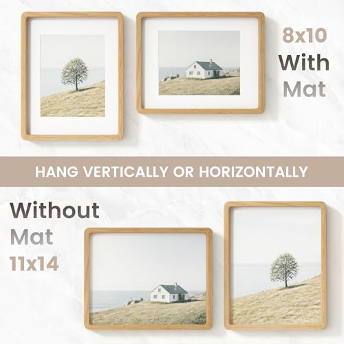 Image of 11x14 Picture Frame, USA-Sourced Natural Oak Wood Photo Collage Frame with HD Tempered Glass, 11 x 14 Wooden Frame Matted to 8x10, Vertical & Horizontal Wall Hanging Display