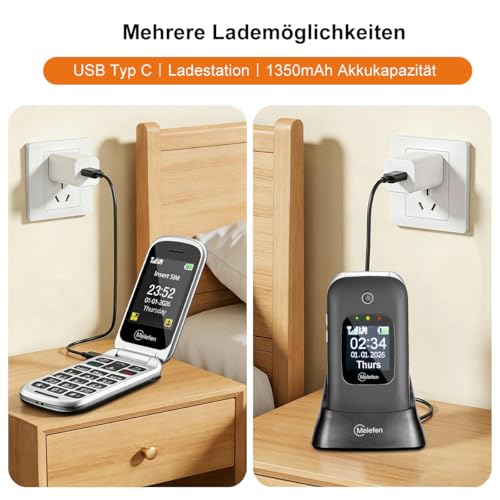 Melefon 4G Flip Handy für ältere Menschen, Telefon mit großer Taste, lauter Lautstärke, 2,4+1,44 Zoll Bildschirm, SIM frei freigeschaltet, SOS Taste, USB Typ C, Ladestation