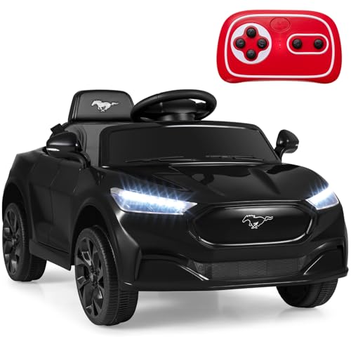 Image of Costzon Ride on Car, 12V Licensed Ford Mach E Kids Electric Vehicle with Parent Remote, LED Lights, Horn, Music, Wireless Connection & Spring Suspension, Kids Car Toy for Girls Boys (Deep Black)