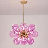 MIXL - Pink Bubble Chandelier with 18-Lights,Art Deco Glass Globe Pendant Light,Vintage Style Large Gold Chandelier for Study Room Hallway and Bathroom