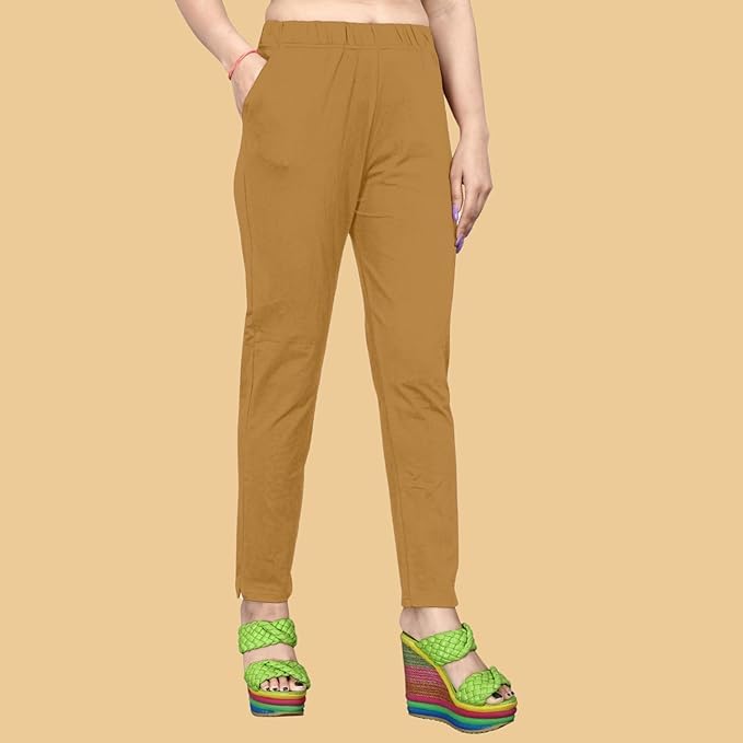 Image of Women's Solid Cotton Lycra Pants-High Waist Slim Fit Stretchable Leggings - Comfortable Long Trousers for Casual, Office & Everyday Wear
