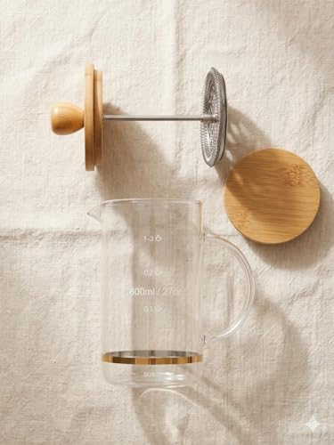 Image of Glass French Press Coffee Maker-Heat-Resistant Borosilicate Glass with Eco-Friendly Bamboo Lid & Wood Knob - Manual Coffee & Tea Brewer with Measurement Markings & Stainless Filter