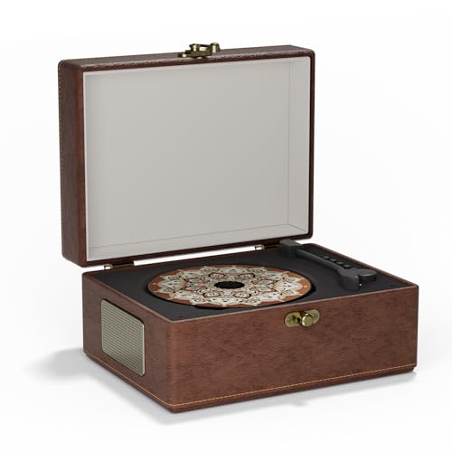 Yintiny Vintage-Style Portable CD Player with Bluetooth Brown Leather