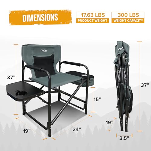 copa Ultralight Camping Directors Chair with Foldable Side Table and Cooler, Heavy Duty Chair for Lawn, Sports, Fishing (Gray)