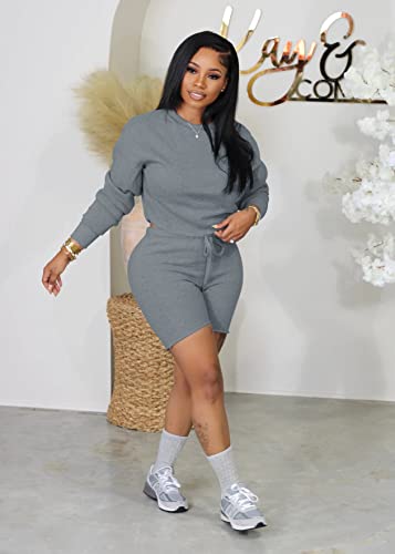 Topsrani Womens Two Piece Outfits Bodycon Tracksuit Sweatsuits Solid Jogger Biker Workout Lounge Long Sleeve Pant Sets Grey M #TOP4