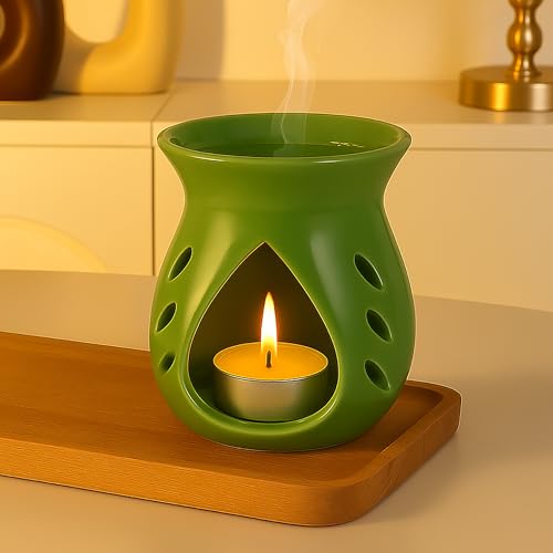 Image of Floryn Decor Ceramic Diffuser with Free 1 Tealight Candles | Home Fragrance, Spa, Office & Yoga | Aromatherapy Gift Set of 1 (Green)