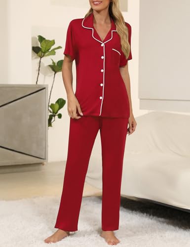 Image of Senert Womens 2 Piece Pajamas Set Button Down Top and Pants Soft Sleepwear | Short Sleeve Lounge Sets with Pockets, Maternity / Nursing /Postpartum Pjs Set, Bride Pjs Set for All Seasons