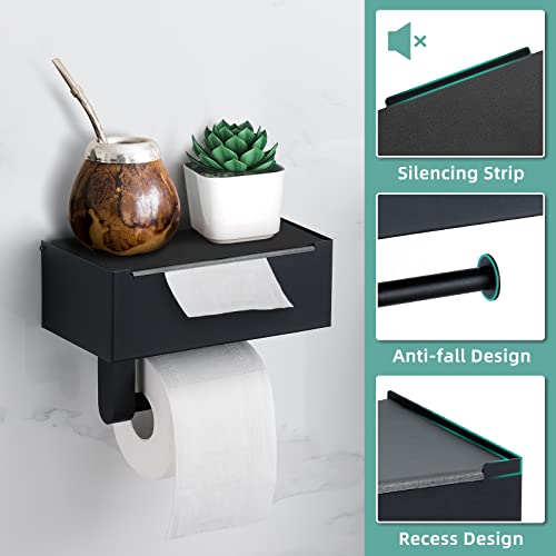 Vtvtkk Toilet Paper Holder With Shelf And Storage + 2 Pack Towel Robe Hooks, Matte Black Toilet Paper Holders, Flushable Wipes Dispenser Bathroom, Adhesive Or Screw Wall Mount Toilet Paper Roll Holder #TOP2