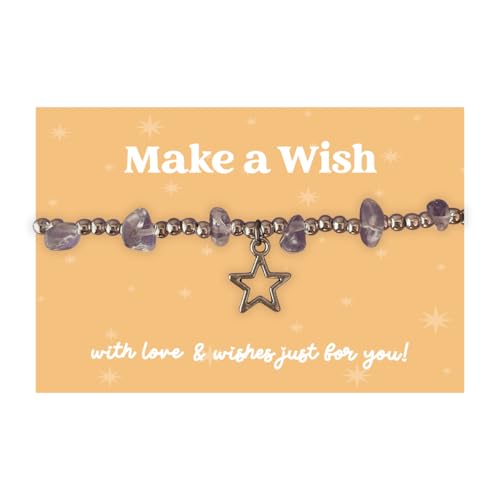 Amethyst Gemstone Stretch Bracelet – Little Wishes Crystal Chip Beaded Bracelet with Star Charm | Make a Wish Gift