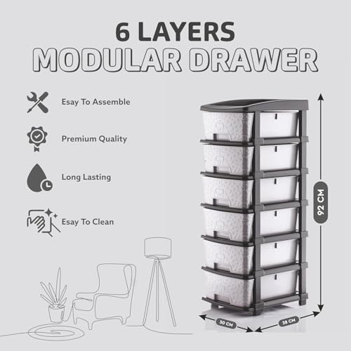 Image of 6XL Plastic Modular Drawer System for Home, Office, Hospital, Parlor, School, Doctors, Home and Kids, Product Dimension When asembeled (Grey Stone, 6XL)