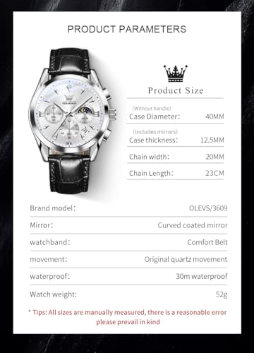 Image of OLEVS Men's Leather Analog Quartz Watch - Luxury Chronograph Wristwatch with Date, Waterproof, Luminous - Dress Style