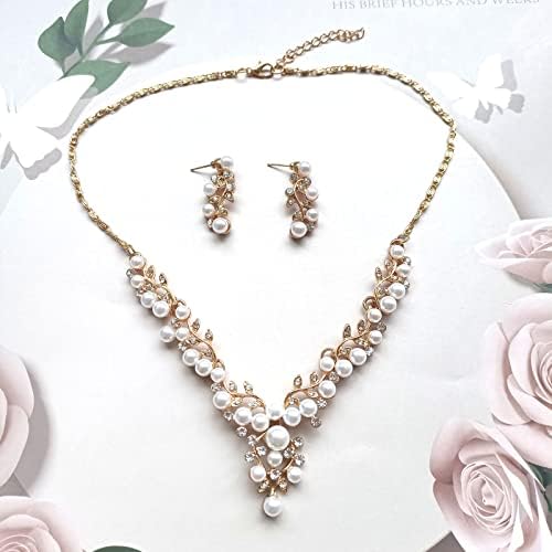 Bridal Crystal Necklace Earrings Set Wedding Pearl Pendant Necklace Floral Bride Jewelry for Women Girls Bridesmaids